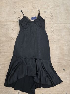 Skies Are Blue Black Satin Slip Dress with Gold Label Detail
